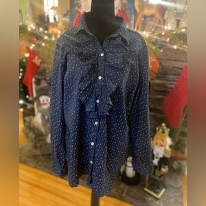 Lauren Ralph Lauren Blue Geometric Ruffled Shirt XL